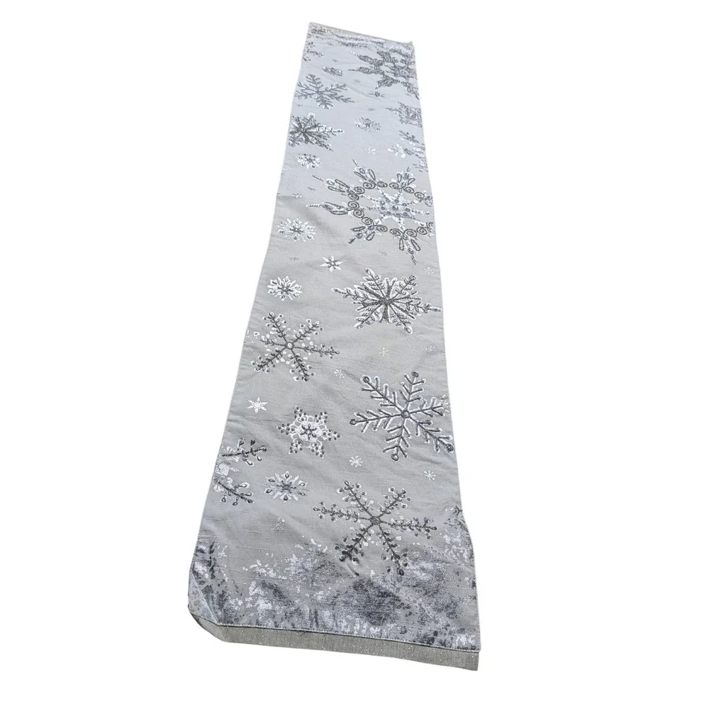Silver Beaded Snowflake Table Runner Gray Metallic Holiday Winter Decor 72 Inch